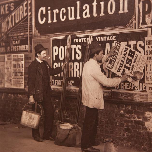 Street advertising in 1877 looks very different to the bright, colourful and picture-based posters we have today. (SWNS)
